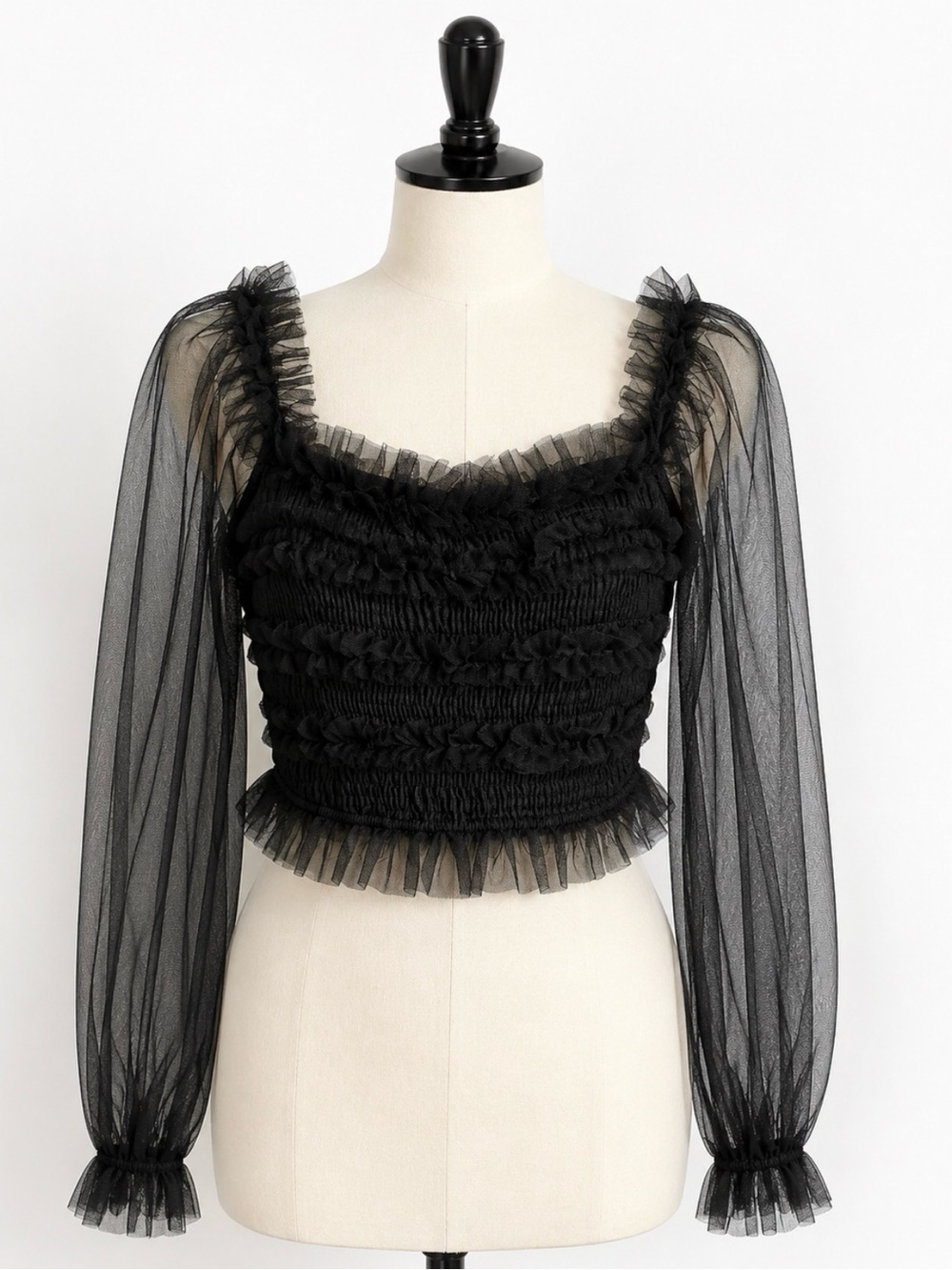 Black Ruffle Mesh Sheer-Sleeve Cropped Camisole